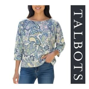 Talbots Petites Blue Green Pink Paisley 3/4 Sleeve Cotton Rayon Knit Top Size M